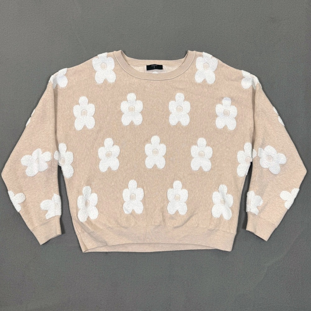 Tahari Floral Sweater Women L Tan White Textured Daisy Applique Crew Neck Knit